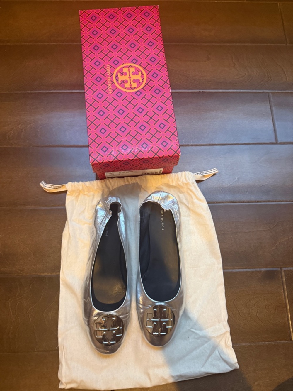 Tory Burch Metallic Silver Logo Ballet Flats